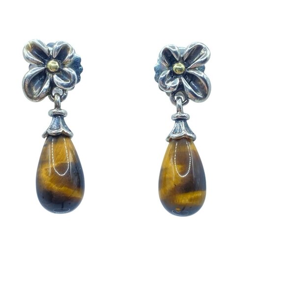 Ann King 18K Yellow Gold & Sterling Silver Flower Tiger's Eye Pierced Earrings - Picture 1 of 9